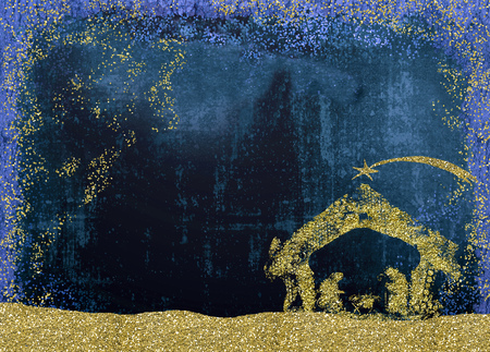 Christmas Nativity Scene greetings cards, abstract freehand drawing of Nativity scene with golden glitter, grunge background with blank.の写真素材