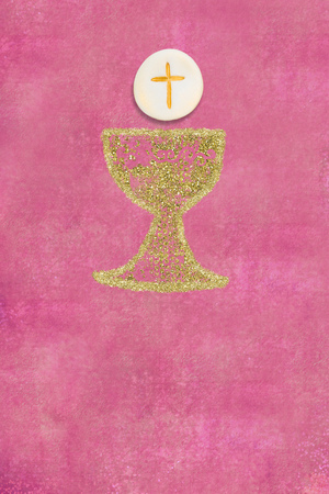 First Holy Communion invitation vertical card, gold glitter rustic chalice on pink paper background with blankの写真素材