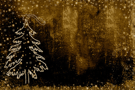 Christmas Nativity greetings cards, fir tree and Star of Bethlehem gold texture on dark brown  background with copy space.の写真素材