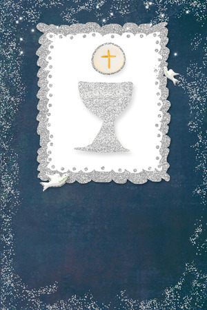 First holy communion invitation card. Silver chalice and doves on blue paperの写真素材