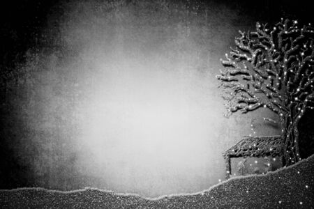 Christmas Nativity Scene greetings cards, abstract freehand drawing of Nativity scene and tree with silver glitter, grunge paper background with copy space.の写真素材