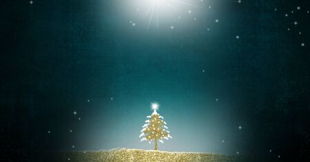 Christmas fir tree greetings cards, abstract simple freehand fir tree with golden glitter on paper background with blank, panoramic image.の写真素材