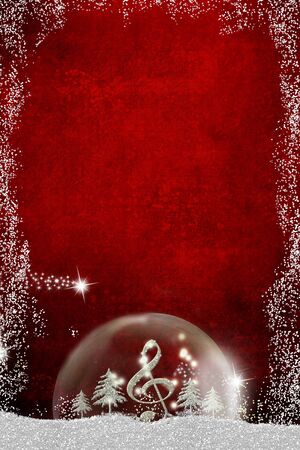 Christmas musical card.Treble clef and silver glitter fir trees inside a ball in a snowy landscape on blue background, copy space, vertical image.の写真素材