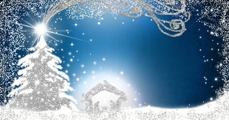 Christmas Nativity Scene greetings cards, abstract freehand drawing of  Nativity Scene  and fir tree with silver glitter on blue paper background with blank, panoramic image.の写真素材
