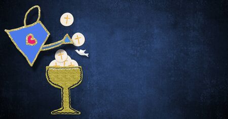 First holy communion invitation card. Cute watering can and gold chalice on a dark  blue paper background with copy space to text and photo.の写真素材