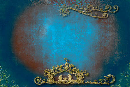 Christmas Nativity Scene, religious greetings cards. Abstract freehand drawing of Nativity Scene with gold glitter on grunge paper background with copy space.の写真素材