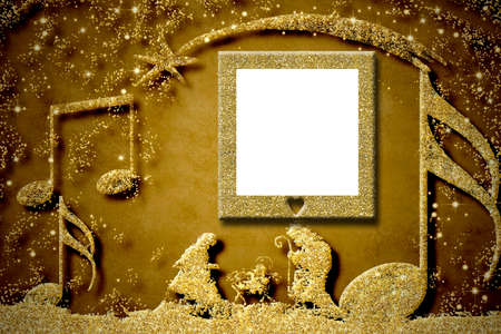 Christmas empty photo frame greetings cards, gold glitter Nativiy Scene and musical notes, golden...