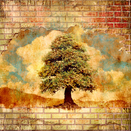 Caring for the environment, concept. Composition of a broken brick wall and lonely treeの写真素材