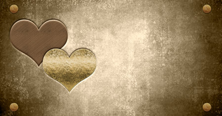 Valentine's day grunge card. Copper and gold metallic hearts on grunge paper background and thumbtacksの写真素材