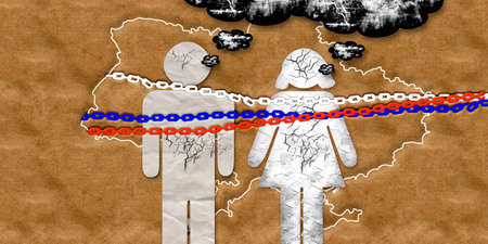 Russia invades Ukraine. Victims of the Russian invasion concept. Silhouettes of Ukrainian man and woman trapped by Putin's chains. not to the warの写真素材