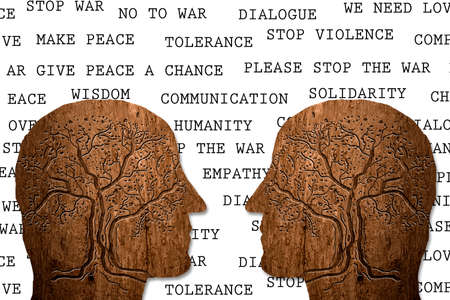 2022 Russia Ukraine crisis. Words of Peace and silhouettes of two men facing each other, white paper...