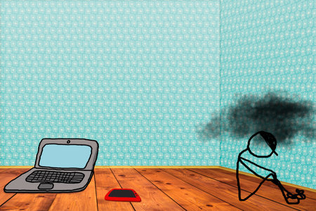 Cyberbullying, lonely teenage boy in his room suffering harassment through networks.の写真素材