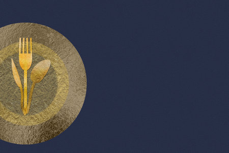 Vegetarian restaurant cafe menu, cover template design, cheerful superfood vegetable concept, flower or plant shaped cutlery golden tones.の写真素材