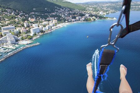 Parasailing on the sea aerial viewの写真素材