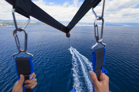 Parasailing on the Adriatic coast, view from the airの写真素材
