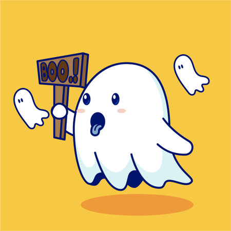 ghost holding a halloween sign on yellow background. vector illustrationのイラスト素材