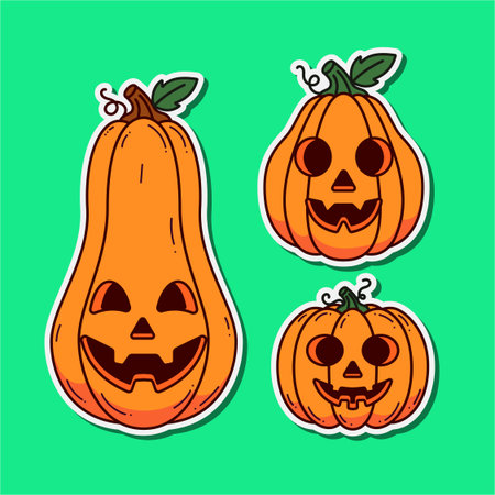 Set of Halloween pumpkins. Vector illustration. Isolated on green background.のイラスト素材