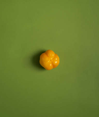 yellow pepper on a green background, fresh vegetableの写真素材
