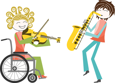 a person with a disability in wheelchair plays music with a friend standingのイラスト素材