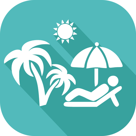 Holiday icon or relaxing in a lounge chair under a parasol and a palm treeのイラスト素材