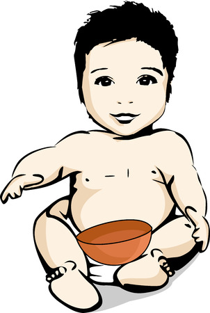 A smiling baby in a diaper with a bowl for his mealのイラスト素材