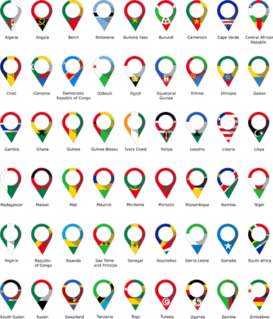 Flags in the form of a pin of African countries with their names written belowのイラスト素材
