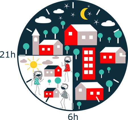 Curfew between 9:00 pm and 6:00 am because of Covid-19のイラスト素材
