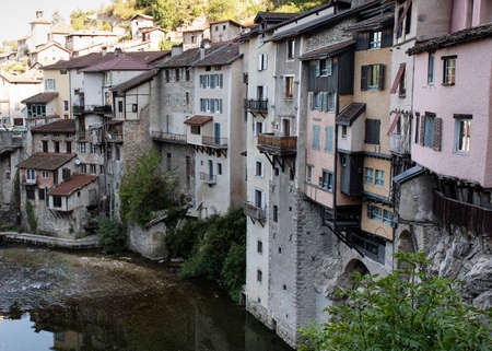 Hanging houses in the village of Pont en Royan in IsÃ¨re in France