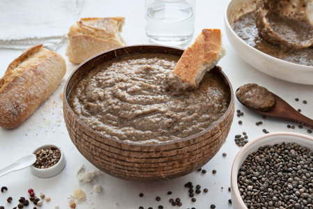 Close-up on a plate of soup or lentil purÃ©e with bread and a spoonの写真素材