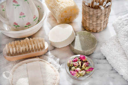 Spotlight on ecological homemade soaps and solid shampoo in the bathroomの写真素材