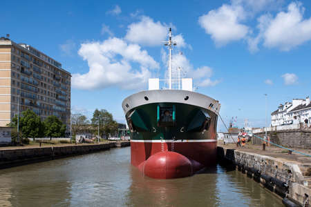 Close-up of a ship in a city port in Franceの写真素材