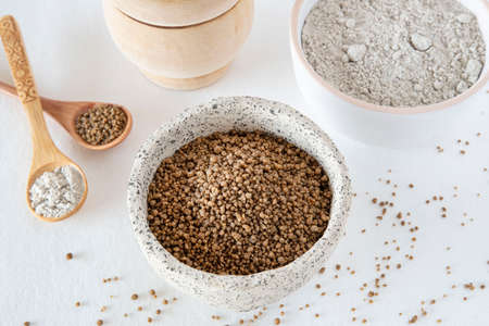 Close-up of semolina and millet flourの写真素材