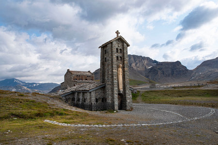 Chapel of all prudence at the top of the Iseran pass in the Alps in Franceの写真素材