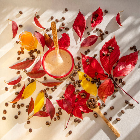 Cup of hot coffee amidst roasted coffee beans and red and yellow autumn leaves on a tableの写真素材