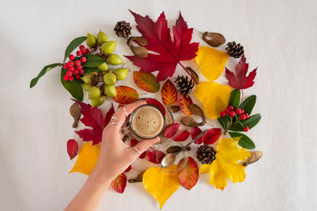 Coffee cup on a background of yellow and red autumn leaves with a woman's handの写真素材