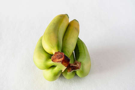 Small yellow and green bananas on a white backgroundの写真素材