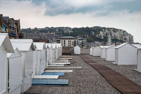 White beach huts at the seaside on the AlbÃ¢tre coast in the town of Mer-les-Bains in Franceの写真素材