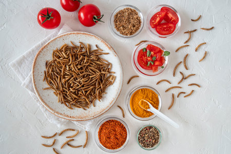 Close up of edible insects, mealworms on a plateの写真素材