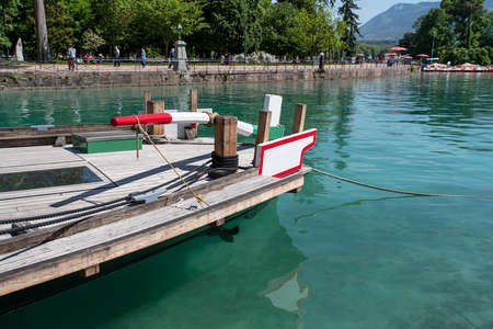 Close-up of a wooden sailing boat on Lake Annecy in Franceの写真素材