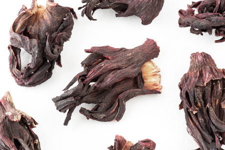 Plant brought together on dried hibiscus flowers for infusionの写真素材