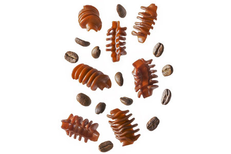 Coffee pasta and coffee beans in motion on a white backgroundの写真素材