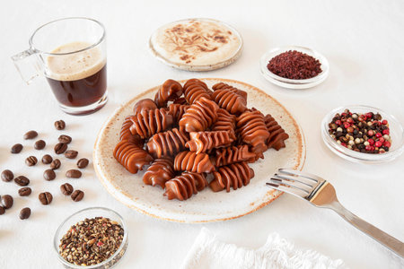 coffee pasta on a plate with sauce and seasoning on the sideの写真素材