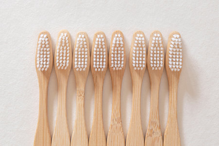 Close-up of toothbrushes on a white backgroundの写真素材