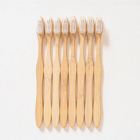 Close-up of toothbrushes on a white backgroundの写真素材