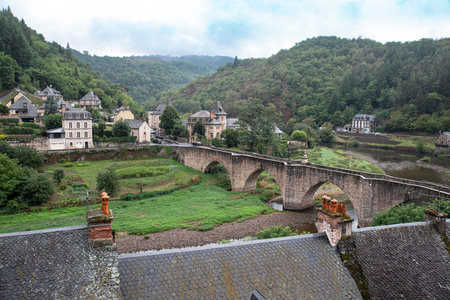 Architecture of the town of Estaing in the Lot valley in Aveyron, Franceの写真素材