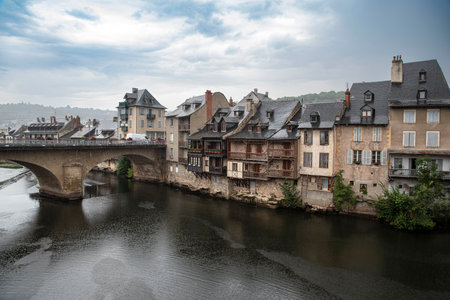 Architecture of the town of Espalion in the Lot valley in Aveyron, Franceの写真素材