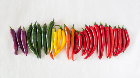 Close-up of different colored chilliesの写真素材