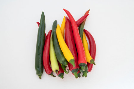 Close-up of different colored chilliesの写真素材