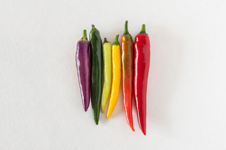 Close-up of different colored chilliesの写真素材