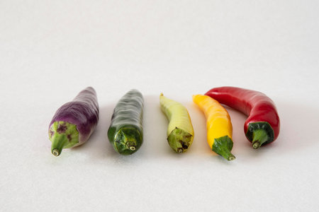 Close-up of different colored chilliesの写真素材